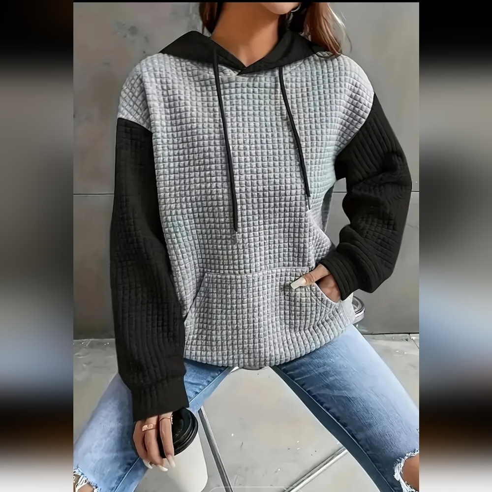 Quilted Gray and Black Color Block Hoodie